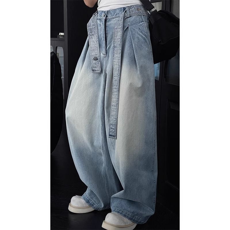 Vintage Washed Men's Jeans With Belt Loops - Relaxed Straight Leg Denim Pants For Casual Streetwear_mkmklike.com