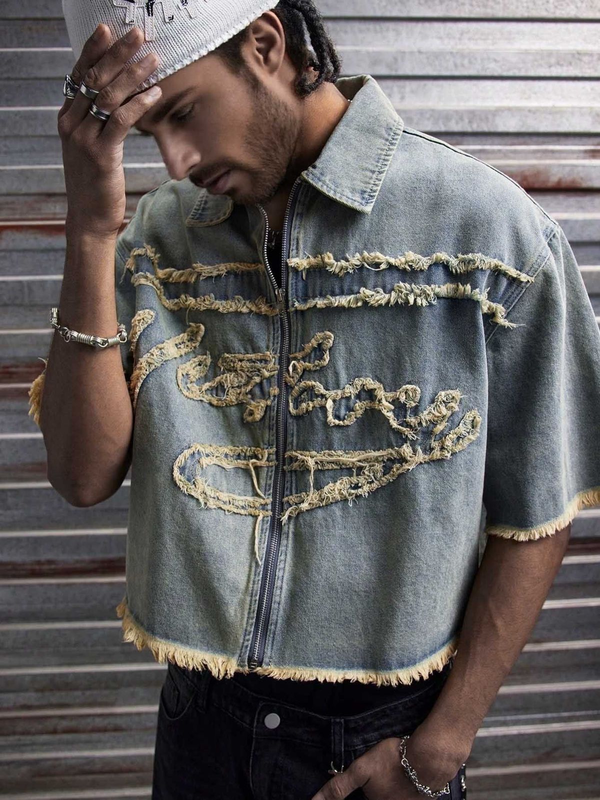 Men's Trendy Summer Retro Washed Distressed Embroidered Denim Shirt Loose Top Short Sleeved American Style_mkmklike.com