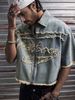 Men's Trendy Summer Retro Washed Distressed Embroidered Denim Shirt Loose Top Short Sleeved American Style_mkmklike.com