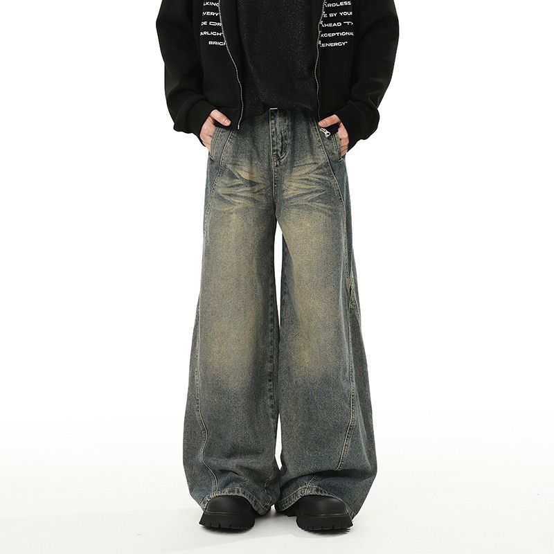 Men's Washed Distressed Patchwork Jeans Straight Leg Loose Fit Wide Leg American High Street Style Trendy Cool Retro Long Pants_mkmklike.com