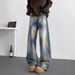 Men's Washed Denim Jeans High Street Vibe Retro Distressed Dirtyfit Slightly Flared Wide Leg Pants Mid Waist Black Gray_mkmklike.com