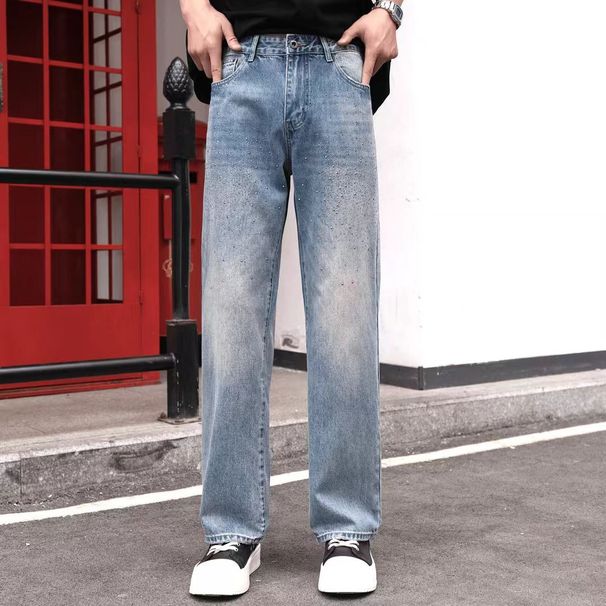 Men's Rhinestone Straight Leg Jeans High Street Style Trendy Loose Fitting Trousers Sparkle Cool_mkmklike.com