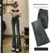 Cement Gray Flared Jeans Women, Spring And Autumn 2024 New Style, High-waisted, Slim-fit, Stretchy Bell-bottom Pants For_mkmklike.com