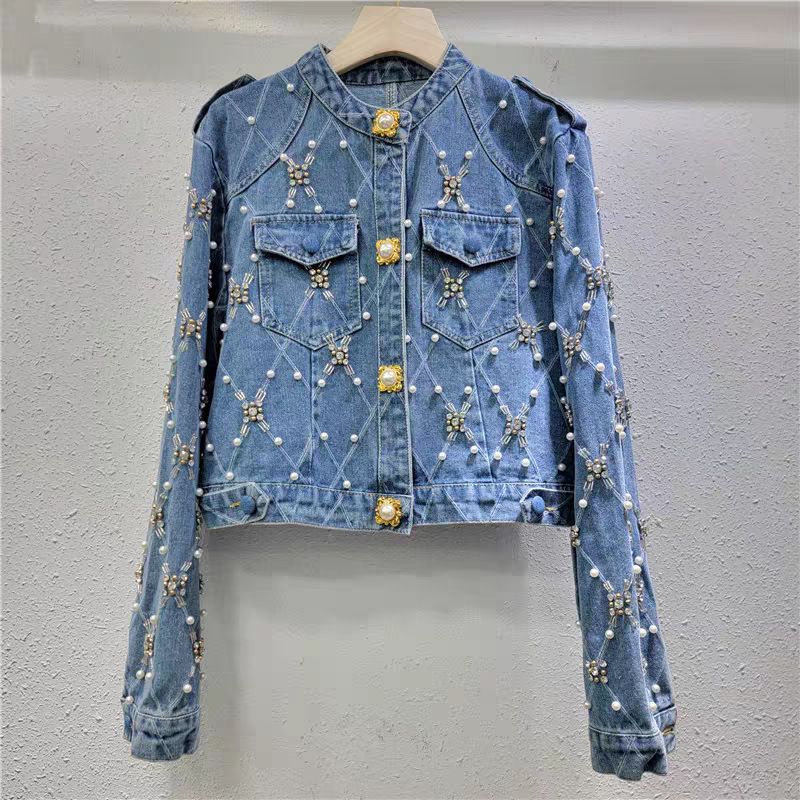Quilted Pearl Denim Jacket – Short Cropped Blazer With Rhinestone Embellishments | Chic Coat (One Size)_mkmklike.com