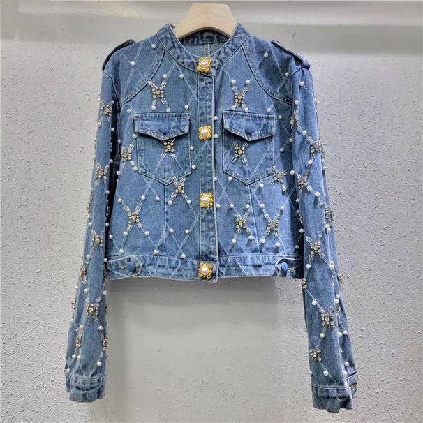 Quilted Pearl Denim Jacket – Short Cropped Blazer With Rhinestone Embellishments | Chic Coat (One Size)_mkmklike.com