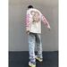 Men's Pink Embroidered Washed Jeans - Loose Straight Fit, Trendy Casual Wear For Everyday Comfort_mkmklike.com