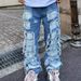 Men's Clothing Corroded Split Patch Jeans Men's High Street Loose Straight Beggar Trousers_mkmklike.com