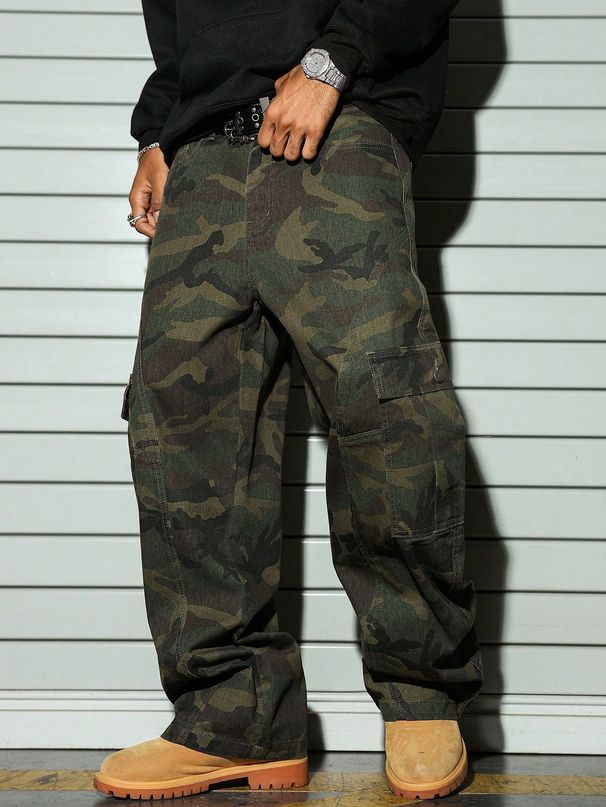 Men's Clothing Street Style Casual Ripped Multi Pocket Cargo Wide Leg Camouflage Jeans_mkmklike.com