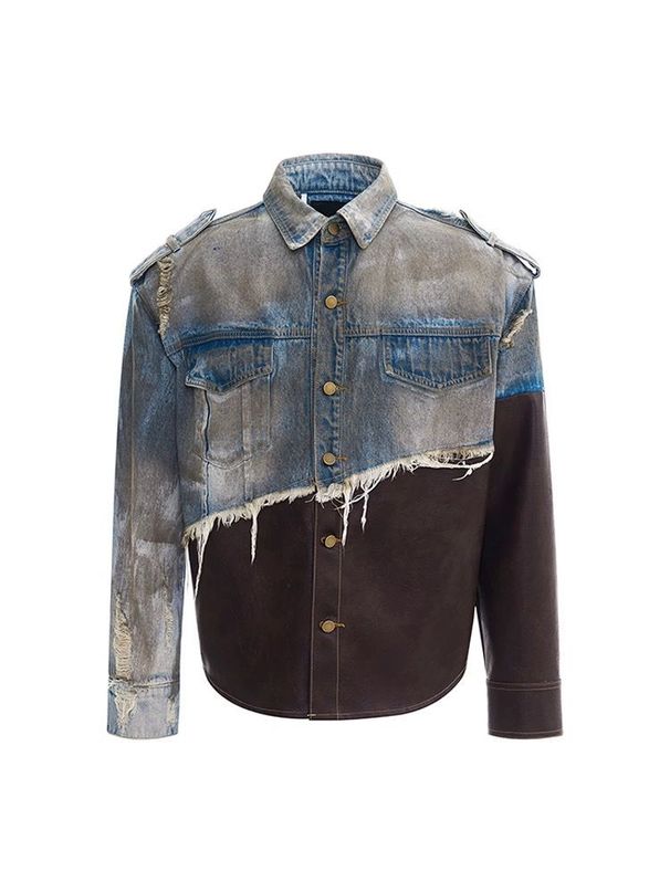 Vintage Distressed Denim Jacket With Leather Panels – Oversized Streetwear Coat (M-4XL, Blue, Washed-Out Aesthetic)_mkmklike.com