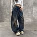 Unisex Retro High Street Distressed Denim Jeans With Patchwork Design, Baggy Straight Leg & Vintage Wash For Urban Streetwear_mkmklike.com