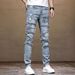 Men's Distressed Slim Fit Stretch Jeans - Light Blue Ripped Denim Pants With Raw Hem (30-40, Cotton Blend, Streetwear Style)_mkmklike.com