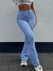 Women's High-Waisted Slim Fit Flared Jeans Light Blue Zipper Closure Casual Cotton Denim Street Style Solid Color For Office Lady_mkmklike.com
