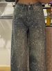 Vintage Distressed Denim Jeans - Rhinestone Embellished Wide-Leg Pants With Raw Hem For Women_mkmklike.com