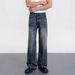 "Vintage Washed Distressed Straight Leg Denim Jeans - Unisex Relaxed Wide Cut A-Line Pants With Battle Jeans Style For Men & Women"_mkmklike.com
