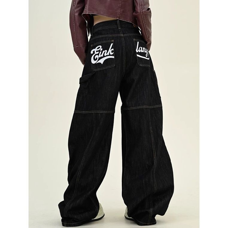 Women's High Waist Straight Leg Jeans - Large Size Loose BF American Style Floor-Length Trousers With Pocket Letter Scimitar Design_mkmklike.com