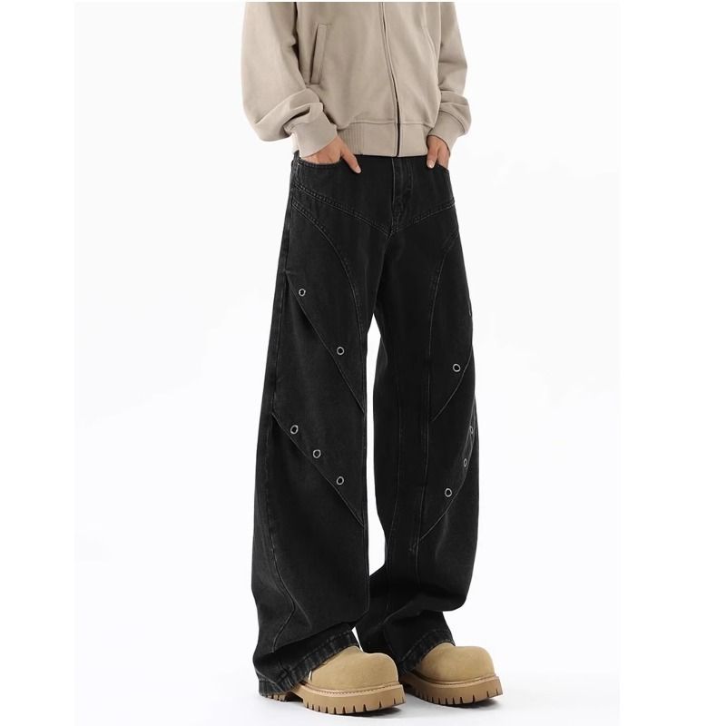Men's Clothing Motorcycle Casual Trendy Design High Street Straight Jeans For Men And Women Spring And Autumn Retro Street Wide Leg Pants_mkmklike.com