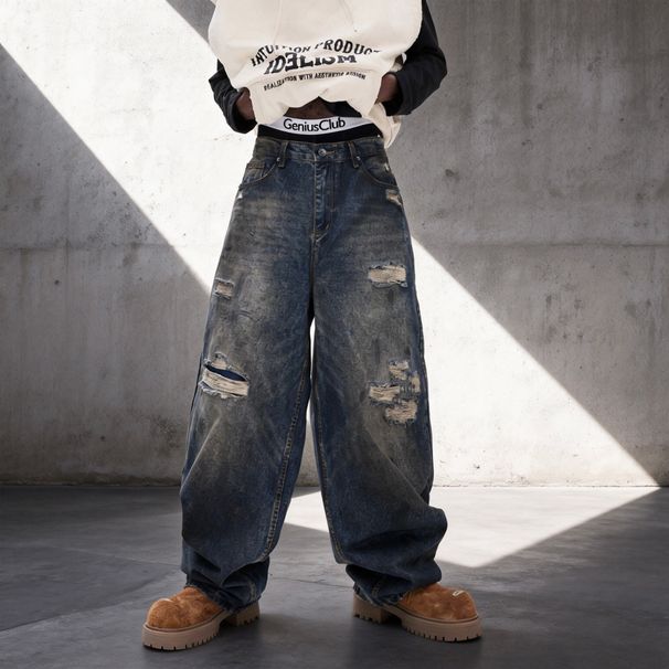 Men's Clothing Distressed Graffiti Jeans – Vintage Washed Blue Denim Pants With Hand-Painted Details & Fake Rips (Straight Cut, Low-Rise,S-3XL)_mkmklike.com