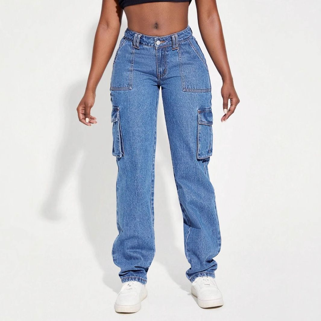 2025 new cross border foreign trade American retro mid waist multi pocket workwear jeans for women casual straight pants_mkmklike.com