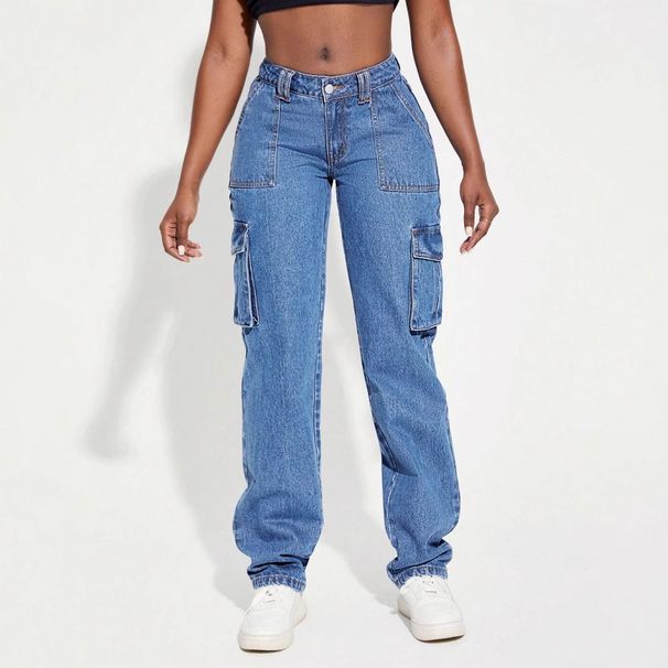 2025 new cross border foreign trade American retro mid waist multi pocket workwear jeans for women casual straight pants_mkmklike.com