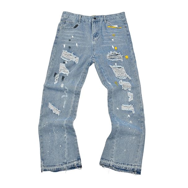 Vintage Washed Distressed Splatter Paint Hip-Hop Straight Leg Jeans For Men & Women – Cotton Denim With Artistic Design_mkmklike.com