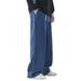 Men's Clothing style drawstring light color jeans men's elastic waist loose straight floor length pants wide leg casual long pants men_mkmklike.com