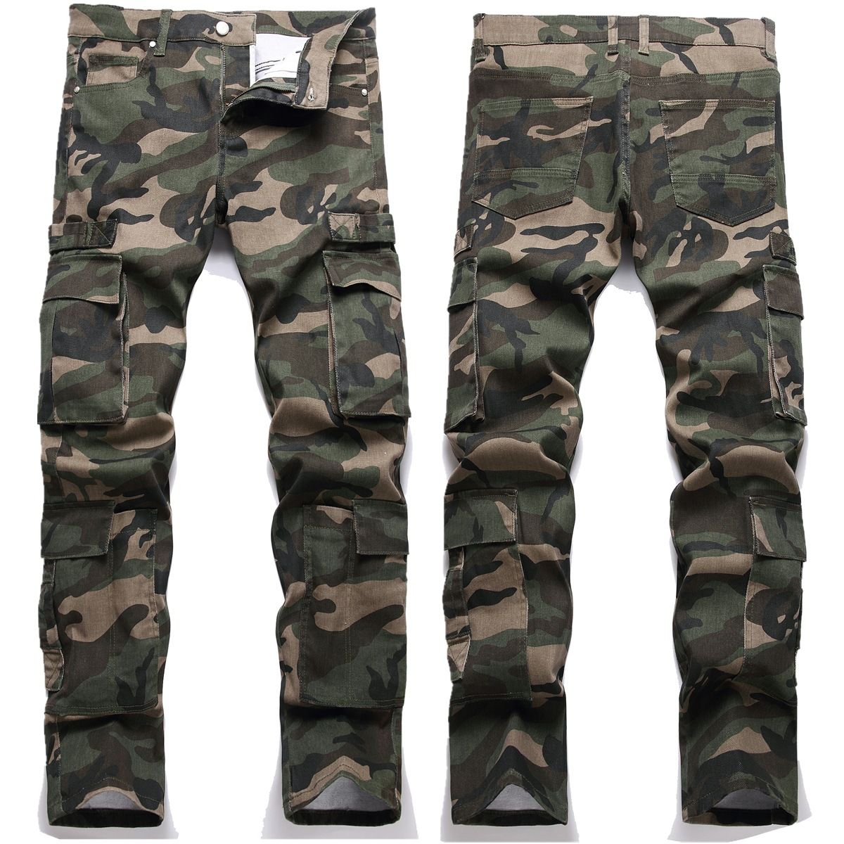 Men's Trendy Military Camouflage Work Pants All Cotton Loose Fit Casual Trousers Mid Waist Long Blue Black Jeans_mkmklike.com