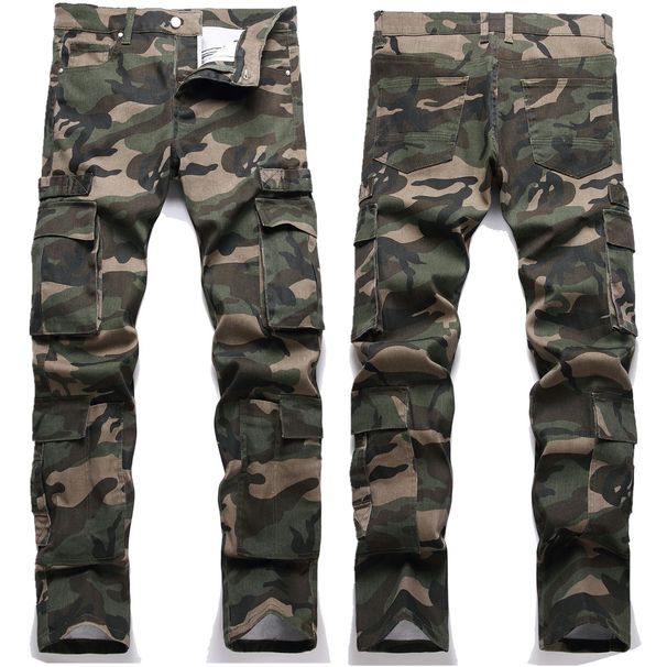 Men's Trendy Military Camouflage Work Pants All Cotton Loose Fit Casual Trousers Mid Waist Long Blue Black Jeans_mkmklike.com