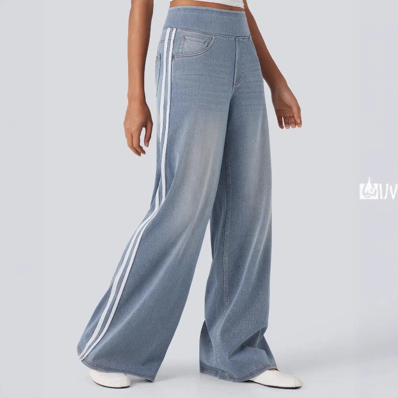 Women's Relaxed Straight-Leg Jeans With Double Stripes – Mid-Rise Wide-Leg Trousers In Grey & Sky Blue (Cotton Blend, XS-3XL)_mkmklike.com