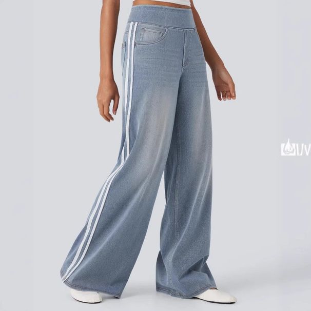 Women's Relaxed Straight-Leg Jeans With Double Stripes – Mid-Rise Wide-Leg Trousers In Grey & Sky Blue (Cotton Blend, XS-3XL)_mkmklike.com