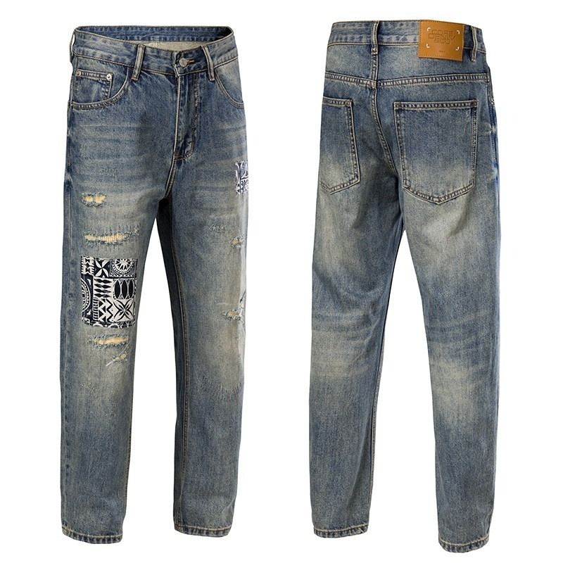 Men's High-End Stylish Tapered Jeans Loose Fit Distressed Ripped Patched Harem Pants Summer Regular Style_mkmklike.com