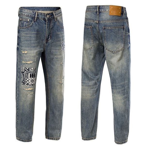 Men's High-End Stylish Tapered Jeans Loose Fit Distressed Ripped Patched Harem Pants Summer Regular Style_mkmklike.com