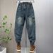 Leggings Ruffian Handsome Jeans Men's Multi-pocket Loose Splicing Harlan Pants Youth Washed Retro Trendy Scimitar Pants_mkmklike.com