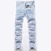 Men's High Street Distressed Frayed Hem Raw Edge Embroidered Jeans - Loose Fit Straight Leg Denim Pants With Boho Fringe Details_mkmklike.com