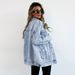 Distressed Denim Jacket Women's Oversized Streetwear Coat With Unique Ripped Design, Casual Loose Fit, Long Sleeve, Blue_mkmklike.com
