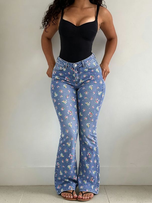 Retro High-Waisted Flared Jeans Blue Floral Print Stretch Slim Fit Women's Floor Length Sweet Denim Jeans_mkmklike.com