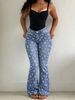 Retro High-Waisted Flared Jeans Blue Floral Print Stretch Slim Fit Women's Floor Length Sweet Denim Jeans_mkmklike.com
