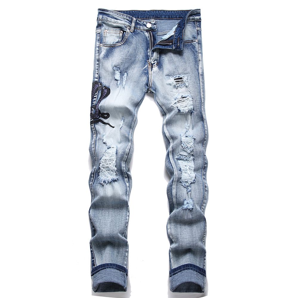 Men Snake Embroidery Jeans Holes Ripped Blue Stretch Denim Pants Slim Tapered Trousers_mkmklike.com