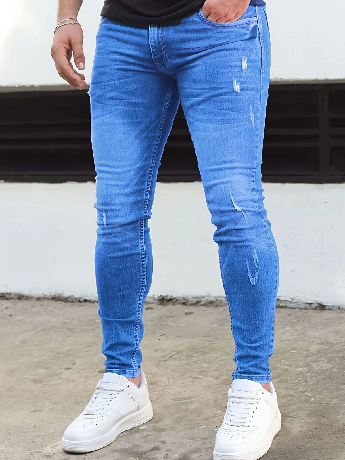 Men's Slim Fit Stretch Jeans Whiskered Washed Casual Trousers Black Light Blue Dark Blue Mid Waist Skinny Jeans_mkmklike.com