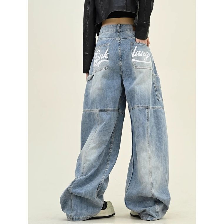 Women's Washed Retro Jeans - Loose BF Fit Wide Leg Casual Pants With Scimitar Design (High Street Style)_mkmklike.com
