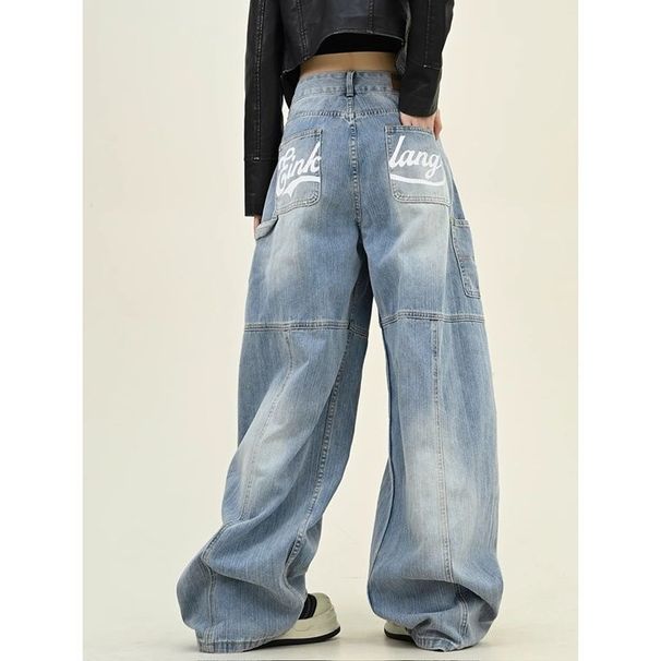 Women's Washed Retro Jeans - Loose BF Fit Wide Leg Casual Pants With Scimitar Design (High Street Style)_mkmklike.com