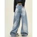 Women's Washed Retro Jeans - Loose BF Fit Wide Leg Casual Pants With Scimitar Design (High Street Style)_mkmklike.com