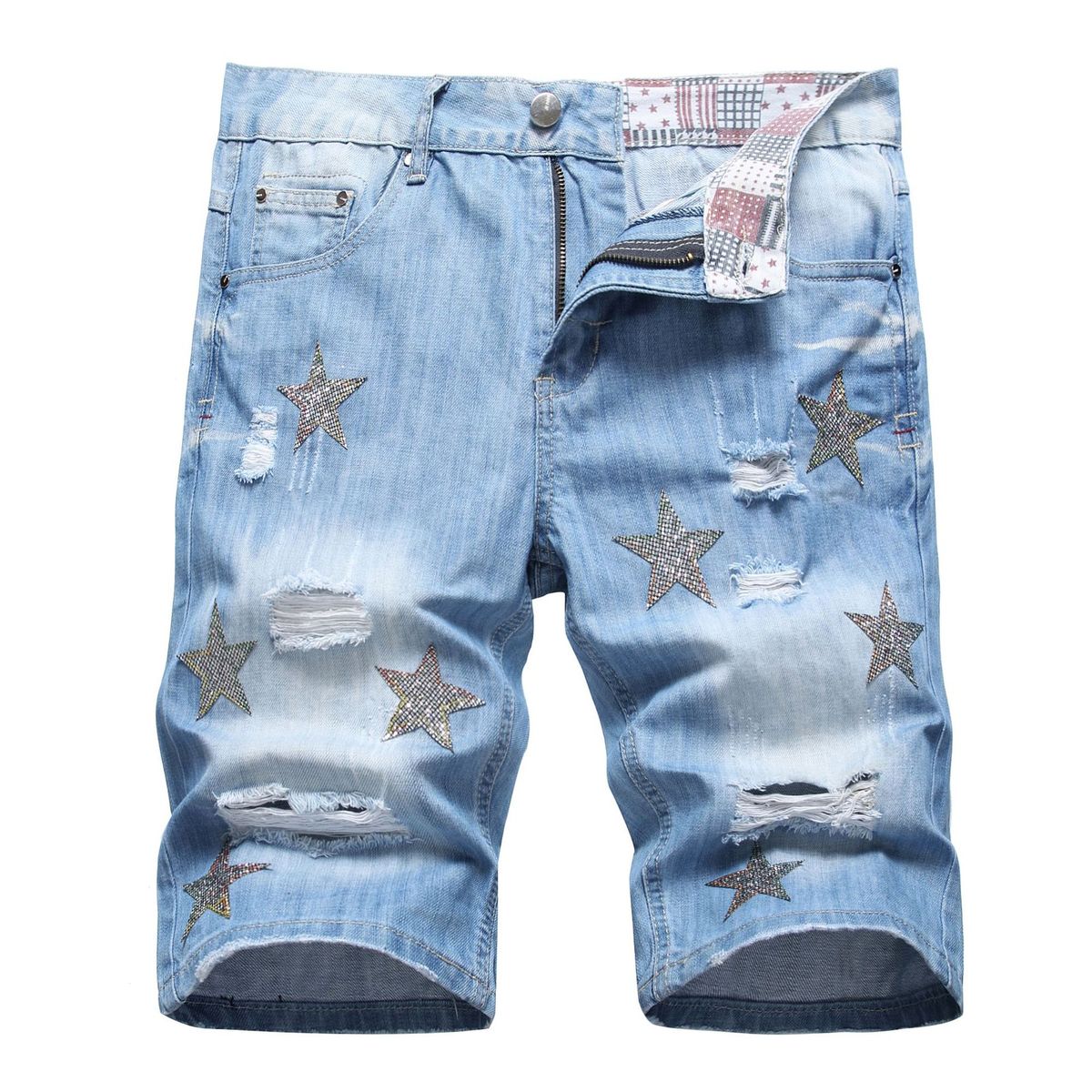 Men's Distressed Denim Shorts With Diamond Star Embroidery - Slim Fit Casual Ripped Jeans Shorts For Men_mkmklike.com