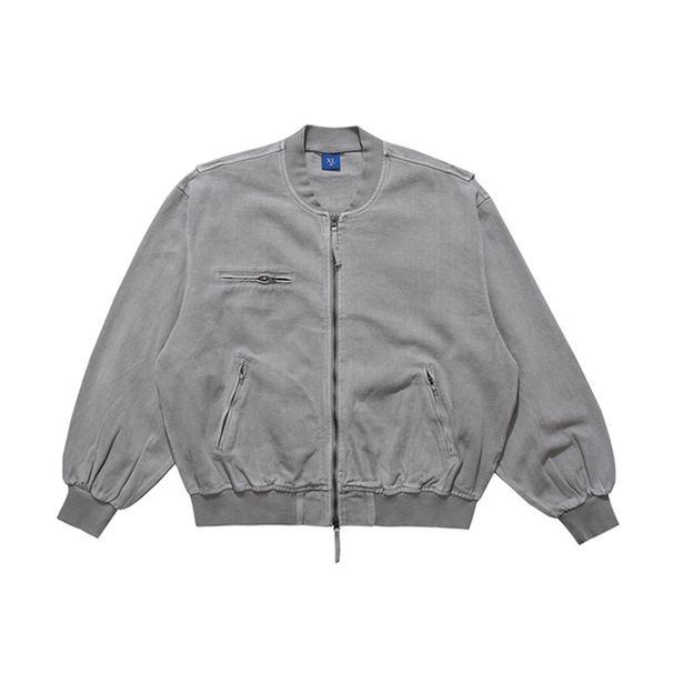 Men's Streetwear Baseball Jacket Light Grey Oversized Pilot Coat 100% Cotton Loose Fit, Stand Collar Trendy Casual Outerwear For Teens Young Adults_mkmklike.com