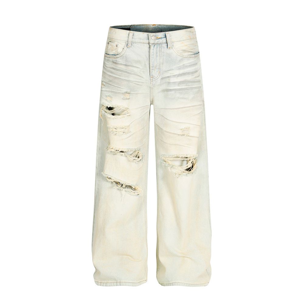 Heavy Washed Faded Ripped Jeans For Men Punk Wasteland Beggar Vintage Dirty Wide-Leg Straight Pants Trendy_mkmklike.com