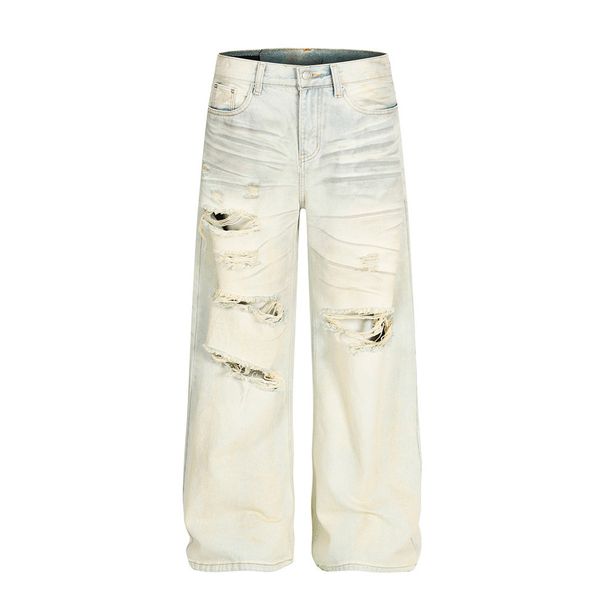 Heavy Washed Faded Ripped Jeans For Men Punk Wasteland Beggar Vintage Dirty Wide-Leg Straight Pants Trendy_mkmklike.com