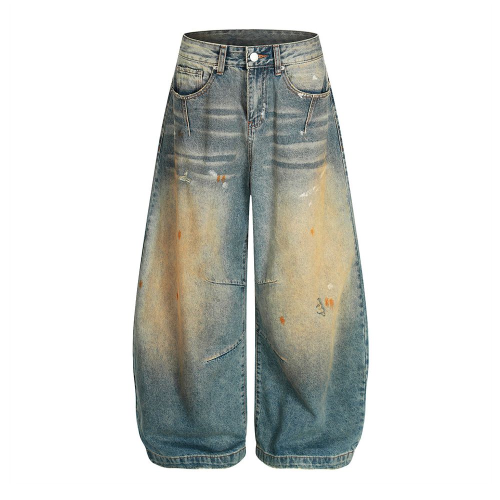 Wasteland Style Frayed Vintage Scimitar Jeans Trendy Brand Men's Washed Paint Splatter Curved Wide-Leg Pants_mkmklike.com