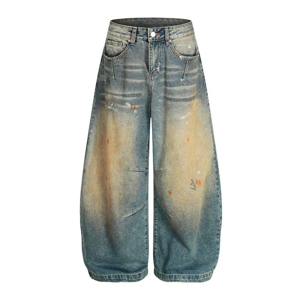 Wasteland Style Frayed Vintage Scimitar Jeans Trendy Brand Men's Washed Paint Splatter Curved Wide-Leg Pants_mkmklike.com