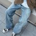 Men's Washed Blue Straight Leg Jeans High Street Style Trendy Versatile Casual Long Pants Wide Leg_mkmklike.com