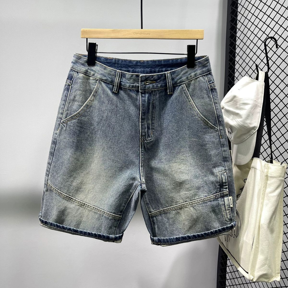 Men's Retro Denim Shorts Patchwork Trendy Loose Straight Leg Five Point Mid Length Summer New Style_mkmklike.com