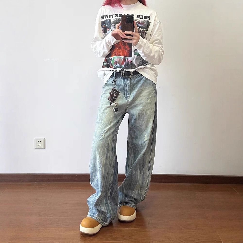 Men's Clothing Distressed Light Blue Baggy Jeans For Men & Women - Vintage Washed High Waist Straight Leg Denim Pants With Cat Whisker Details_mkmklike.com